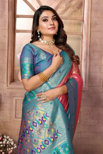 Light red tissue silk blend with weaving saree with blouse
