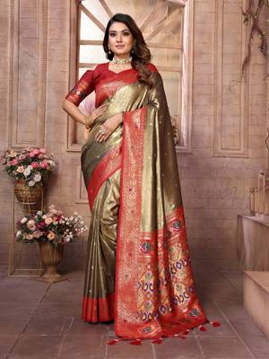 Green tissue silk blend with weaving saree with blouse 1
