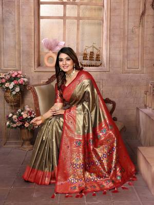 Green tissue silk blend with weaving saree with blouse 2
