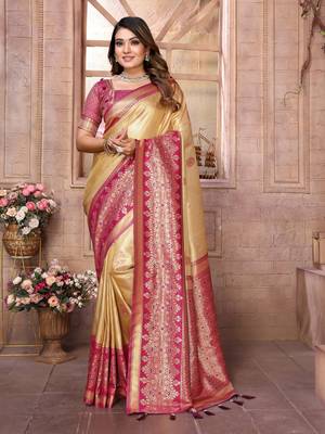 Light Yellow Banarasi Tissue Silk Saree Woven Borders And Contrast Woven Classic Pallu With Blouse 1