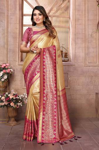 Light Yellow Banarasi Tissue Silk Saree Woven Borders And Contrast Woven Classic Pallu With Blouse