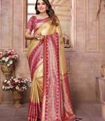 Light Yellow Banarasi Tissue Silk Saree Woven Borders And Contrast Woven Classic Pallu With Blouse