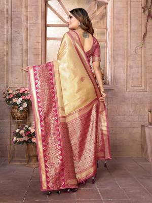 Light Yellow Banarasi Tissue Silk Saree Woven Borders And Contrast Woven Classic Pallu With Blouse 3