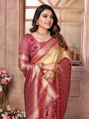 Light Yellow Banarasi Tissue Silk Saree Woven Borders And Contrast Woven Classic Pallu With Blouse 4