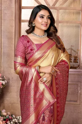 Light Yellow Banarasi Tissue Silk Saree Woven Borders And Contrast Woven Classic Pallu With Blouse