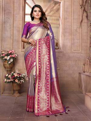 Violet Banarasi Tissue Silk Saree Woven Borders And Contrast Woven Classic Pallu With Blouse 1