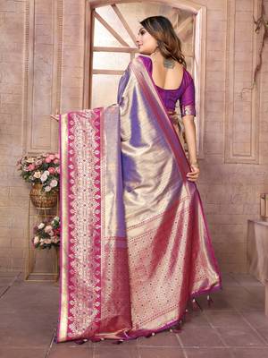 Violet Banarasi Tissue Silk Saree Woven Borders And Contrast Woven Classic Pallu With Blouse 2
