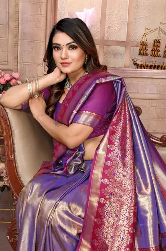 Violet Banarasi Tissue Silk Saree Woven Borders And Contrast Woven Classic Pallu With Blouse