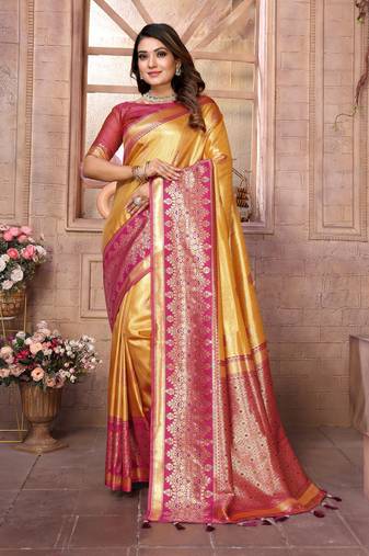 Yellow Banarasi Tissue Silk Saree Woven Borders And Contrast Woven Classic Pallu With Blouse