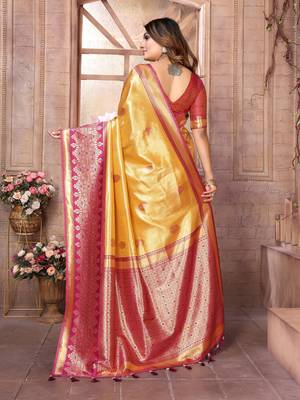 Yellow Banarasi Tissue Silk Saree Woven Borders And Contrast Woven Classic Pallu With Blouse 3
