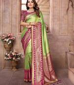 Parrot Green Banarasi Tissue Silk Saree Woven Borders And Contrast Woven Classic Pallu With Blouse
