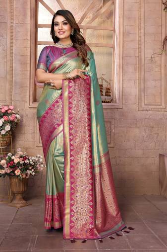 Teal Banarasi Tissue Silk Saree Woven Borders And Contrast Woven Classic Pallu With Blouse