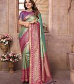 Teal Banarasi Tissue Silk Saree Woven Borders And Contrast Woven Classic Pallu With Blouse