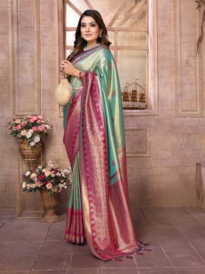 Teal Banarasi Tissue Silk Saree Woven Borders And Contrast Woven Classic Pallu With Blouse 2