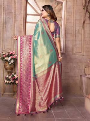 Teal Banarasi Tissue Silk Saree Woven Borders And Contrast Woven Classic Pallu With Blouse 3