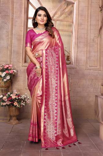 Pink Banarasi Tissue Silk Saree Woven Borders And Contrast Woven Classic Pallu With Blouse