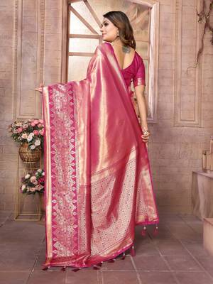 Pink Banarasi Tissue Silk Saree Woven Borders And Contrast Woven Classic Pallu With Blouse 2