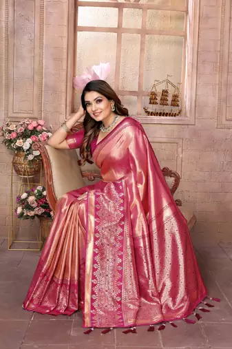 Pink Banarasi Tissue Silk Saree Woven Borders And Contrast Woven Classic Pallu With Blouse