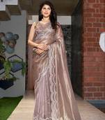 Brown embroidered Jute Coating silk saree with blouse piece