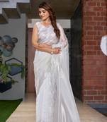 White embroidered Jute Coating silk saree with blouse piece