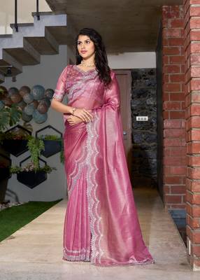 Pink embroidered Jute Coating silk saree with blouse piece 1