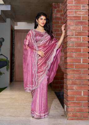 Pink embroidered Jute Coating silk saree with blouse piece 2