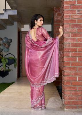 Pink embroidered Jute Coating silk saree with blouse piece 3