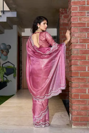 Pink embroidered Jute Coating silk saree with blouse piece