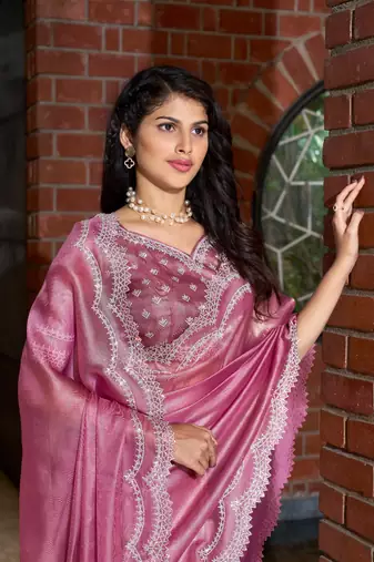 Pink embroidered Jute Coating silk saree with blouse piece