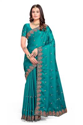 Turquoise embroidered satin saree with blouse piece 1