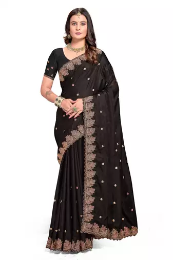 Black embroidered satin saree with blouse piece