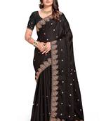 Black embroidered satin saree with blouse piece