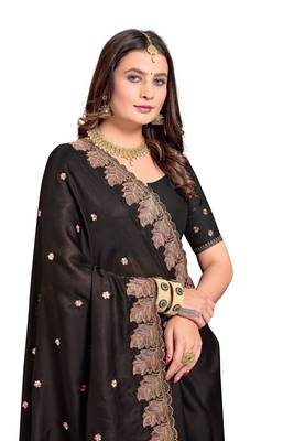 Black embroidered satin saree with blouse piece 2