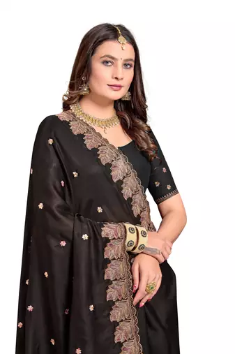 Black embroidered satin saree with blouse piece