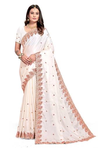 Off white embroidered satin saree with blouse piece