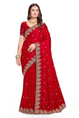 Red embroidered satin saree with blouse piece 1
