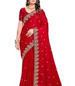 Red embroidered satin saree with blouse piece