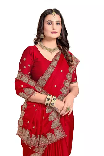 Red embroidered satin saree with blouse piece