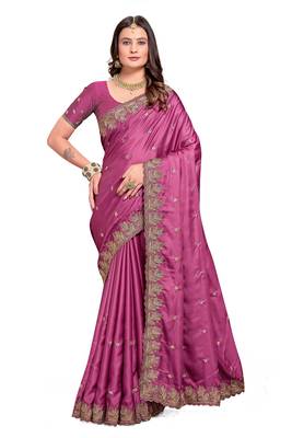 Pink embroidered satin saree with blouse piece 1