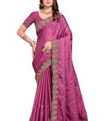 Pink embroidered satin saree with blouse piece