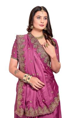 Pink embroidered satin saree with blouse piece 2