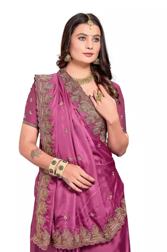 Pink embroidered satin saree with blouse piece