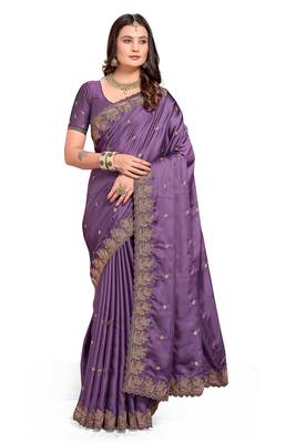 Lavender embroidered satin saree with blouse piece 1