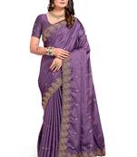 Lavender embroidered satin saree with blouse piece