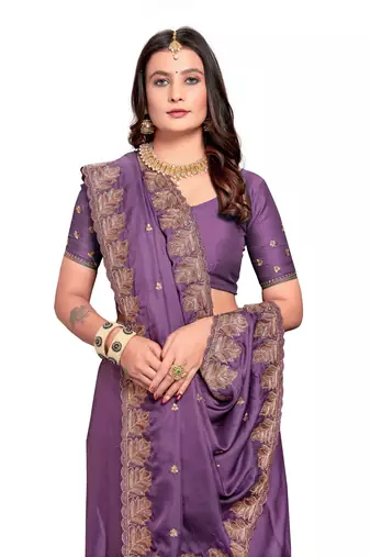 Lavender embroidered satin saree with blouse piece