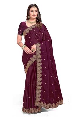 Wine embroidered satin saree with blouse piece 1