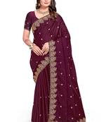 Wine embroidered satin saree with blouse piece