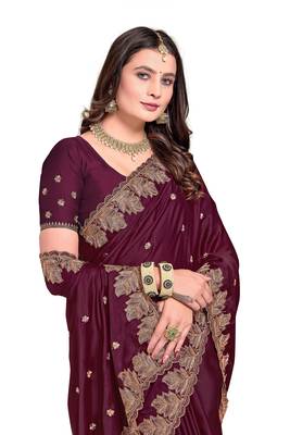 Wine embroidered satin saree with blouse piece 2