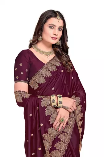 Wine embroidered satin saree with blouse piece