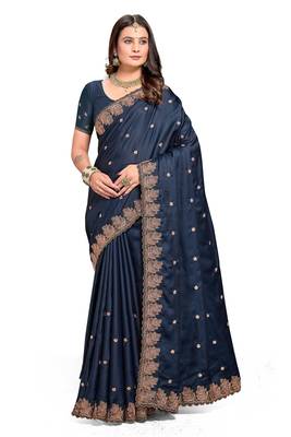 Teal embroidered satin saree with blouse piece 1